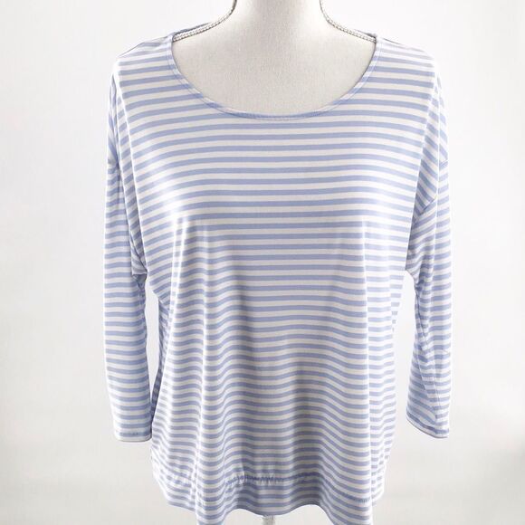 Chicos Womens Pullover Blouse Blue And White Striped Size 1 Round Neck Stretch - Picture 1 of 5